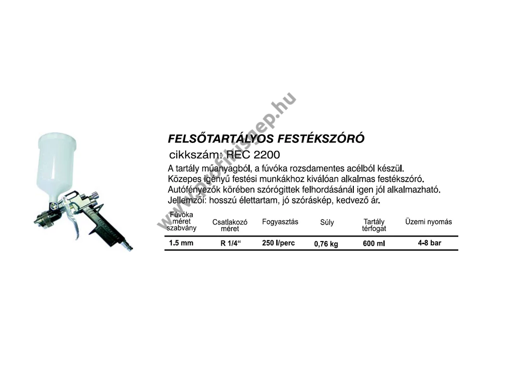 BETTA REC2200 festékszóró, felsőtartályos, 600ml, fúvóka: 1,5mm, max.250 l/min, 4-8,0 Bar, 1/4" tömlőcsatlakozó