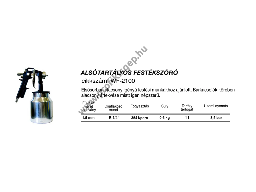 BETTA WF2100 festékszóró, alsótartályos, 1000ml, fúvóka: 1,5mm, max.354 l/min, 3,5 Bar, 1/4" tömlőcsatlakozó