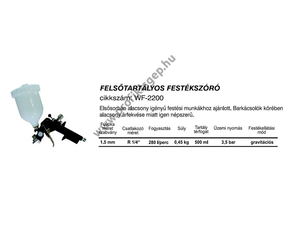 BETTA WF2200 festékszóró, felsőtartályos, 500ml, fúvóka: 1,5mm, max.280 l/min, 3,5 Bar, 1/4" tömlőcsatlakozó