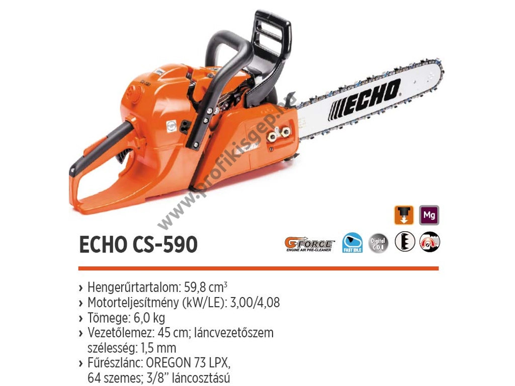 ECHO CS-590/45 Benzinmotoros láncfűrész, 59.8 cm3, 4.0 Le, Oregon lánc 3/8"-1.5-64 szem, vezető 45cm