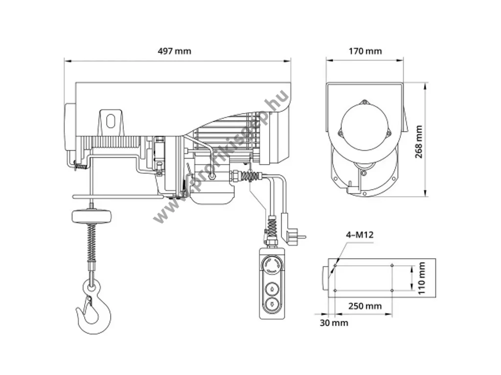 Güde GSZ 500/1000 Elektromos csörlő, drótköteles emelő,  230V/1600W, 500/1000kg, 12/6 méter
