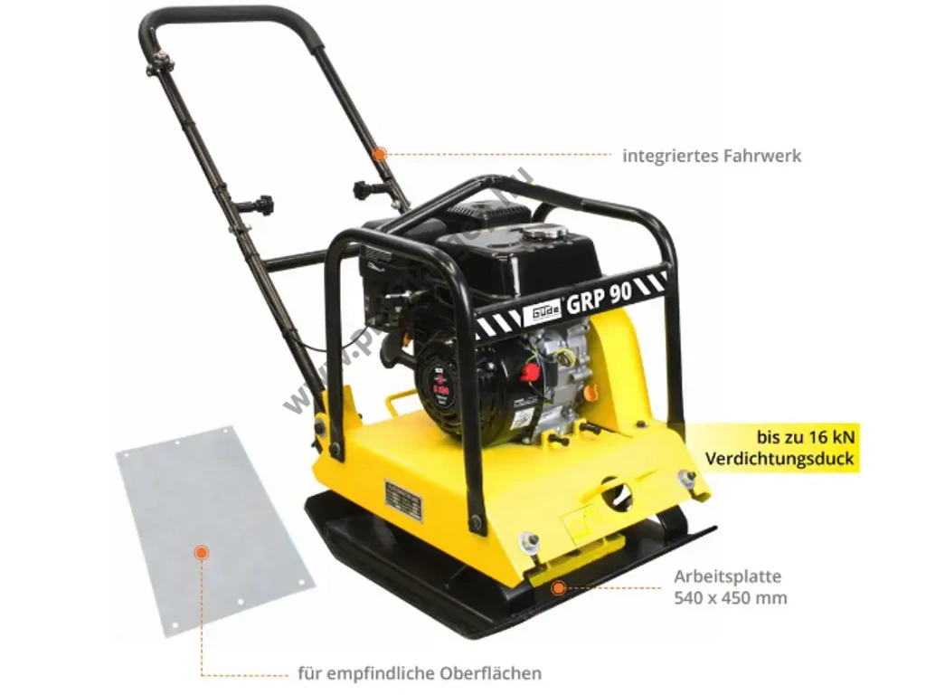 Güde GRP 90 lapvibrátor, Motor: OHV 196cm3, 16kN, 54x45cm, 94kg, szállítókerék, gumilap