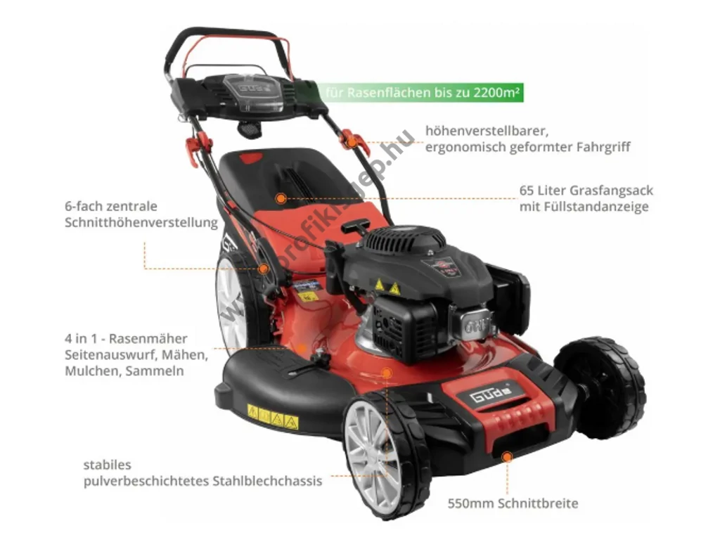 Güde 554.3 R Benzinmotoros önjáró fűgyűjtős fűnyíró, 55cm, OHV 196cm3, Mulcsbetét, oldalsó kidobás