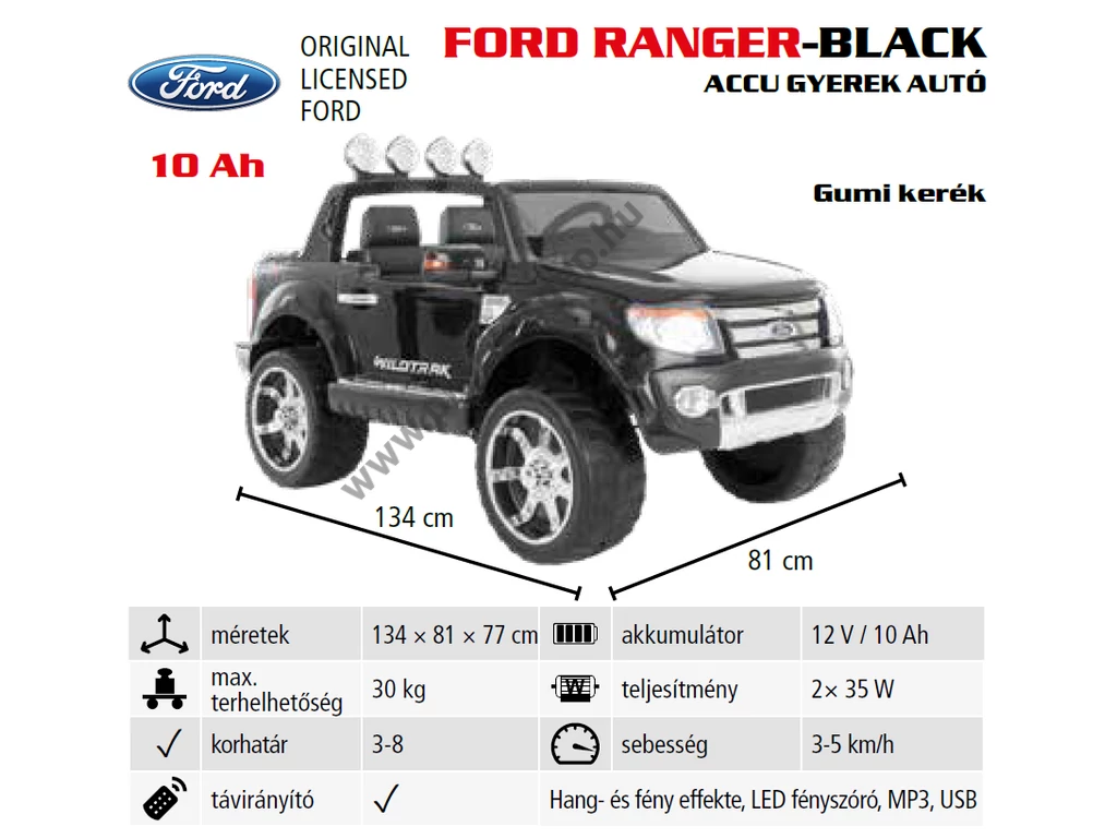 HECHT FORD RANGER BLACK Akkumulátoros kisautó gyerekeknek, 12V, 10Ah, 3-8 éves korig, Max: 35kg ,távírányítóval
