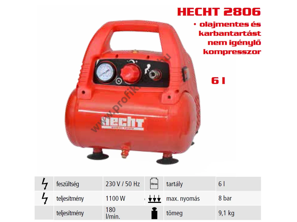 HECHT 2806 olajmentes kompresszor, 180l/perc 8bar tartály 6L, 230V 1100W