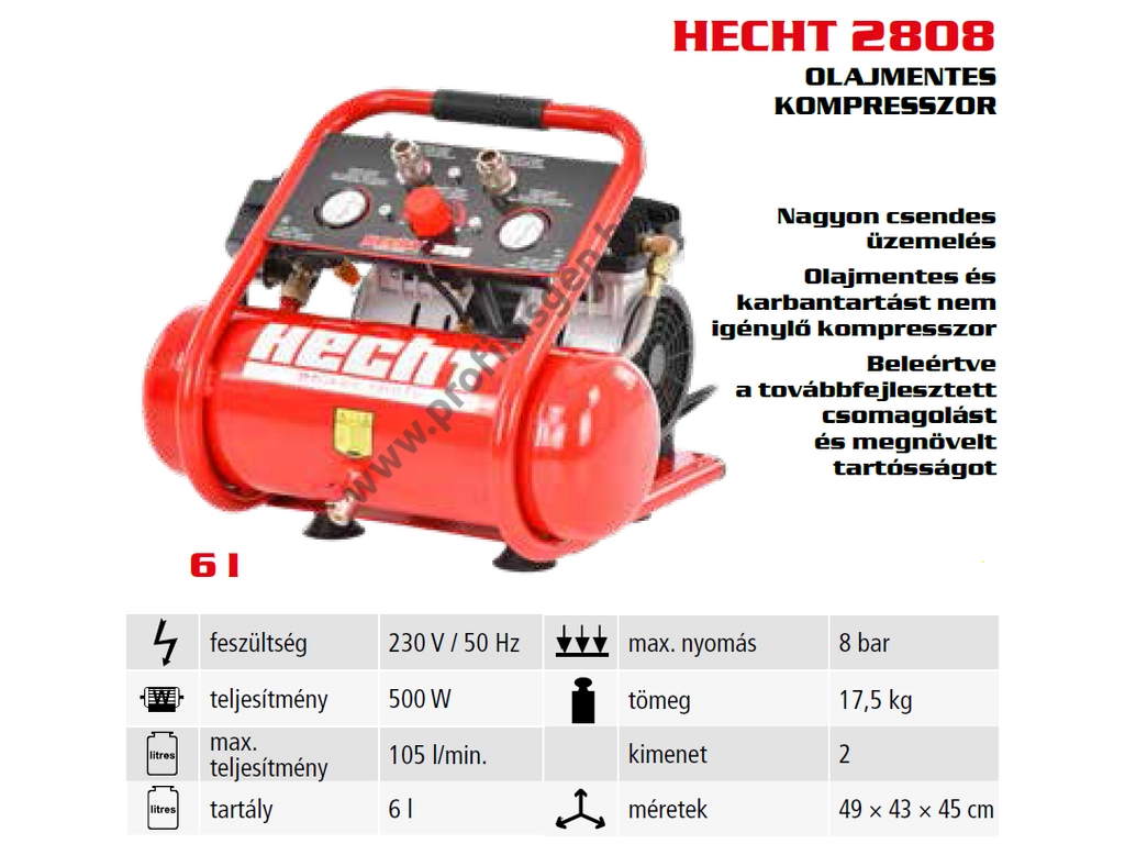 HECHT 2808 olajmentes kompresszor, 105l/perc 8bar, tartály 6L 230V 500W