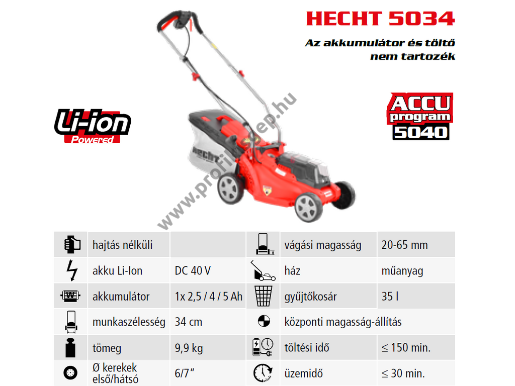 HECHT 5034 Akkumulátoros fűgyűjtős fűnyíró, 34cm, 40V, akku és töltő nélkül (AKKU program 5040)
