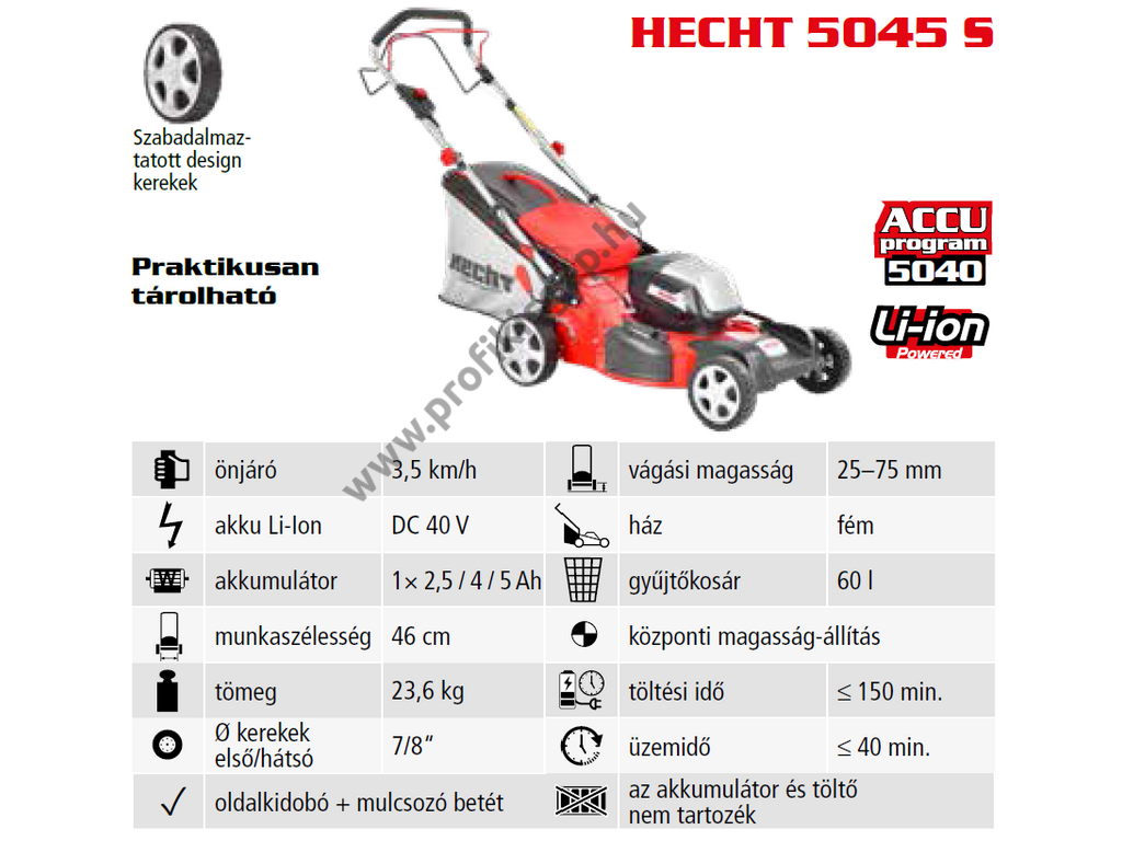 HECHT 5045S Akkumulátoros önjáró fűgyűjtős fűnyíró, 46cm, 40V, oldalkidobó, mulcsbetét, akku és töltő nélkül (AKKU program 5040)
