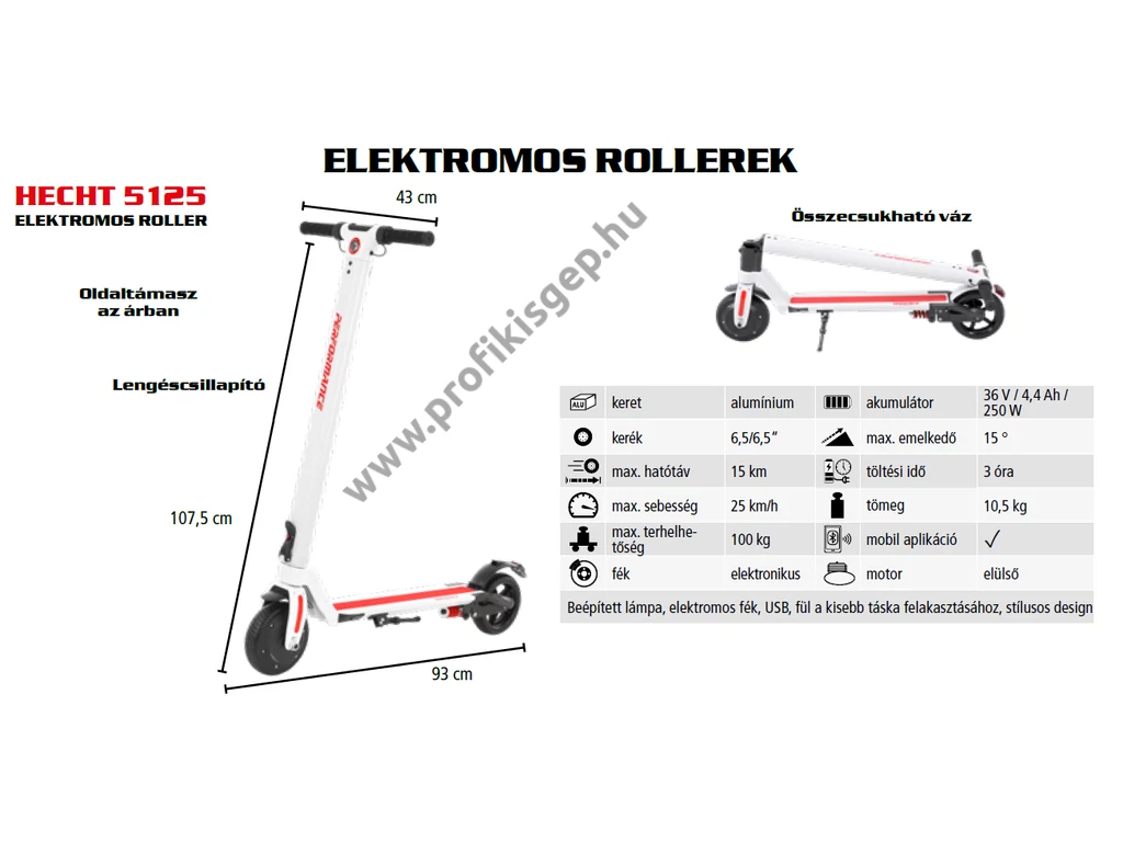 HECHT 5125 Akkumulátoros roller, 36V, 4.4Ah, Alu összecsukható váz, Hatótáv: Max 15 km, Max: 100kg