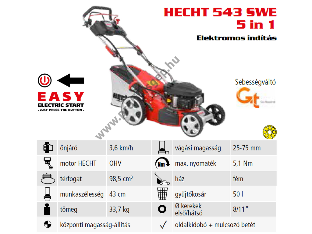 HECHT 543 SWE 5IN1 Benzinmotoros önjáró fűgyűjtős fűnyíró, 43cm, OHV 98cm3, Önindító, oldalkidobó, mulcsbetét, csapágyazott kerék