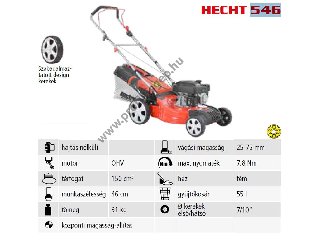 HECHT 546 Benzinmotoros fűgyűjtős fűnyíró, 46cm, OHV 150cm3, csapágyazott kerék, csapágyazott kerék