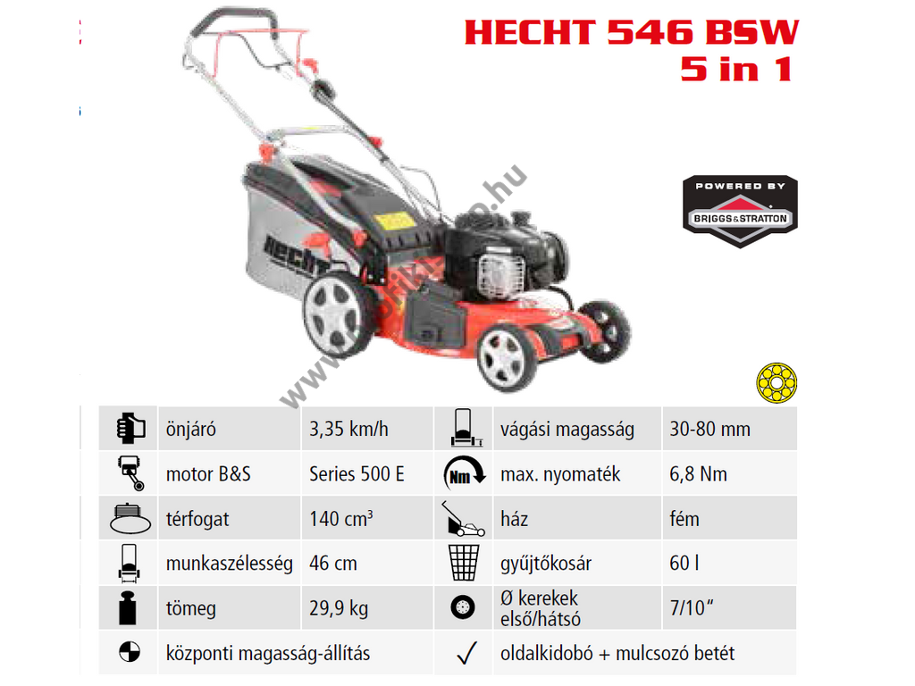 HECHT 546 BSW 5IN1 Benzinmotoros önjáró fűgyűjtős fűnyíró, 46cm, Briggs 140cm3, oldalkidobó, mulcsbetét,