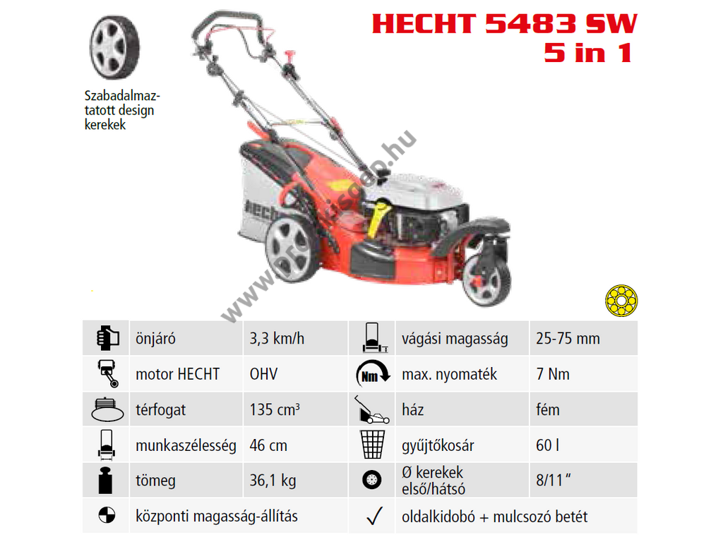 HECHT 5483 SW 5IN1 Benzinmotoros önjáró fűgyűjtős fűnyíró, 46cm, OHV 135cm3, oldalkidobó, mulcsbetét, 3 kerekű, csapágyazott kerék