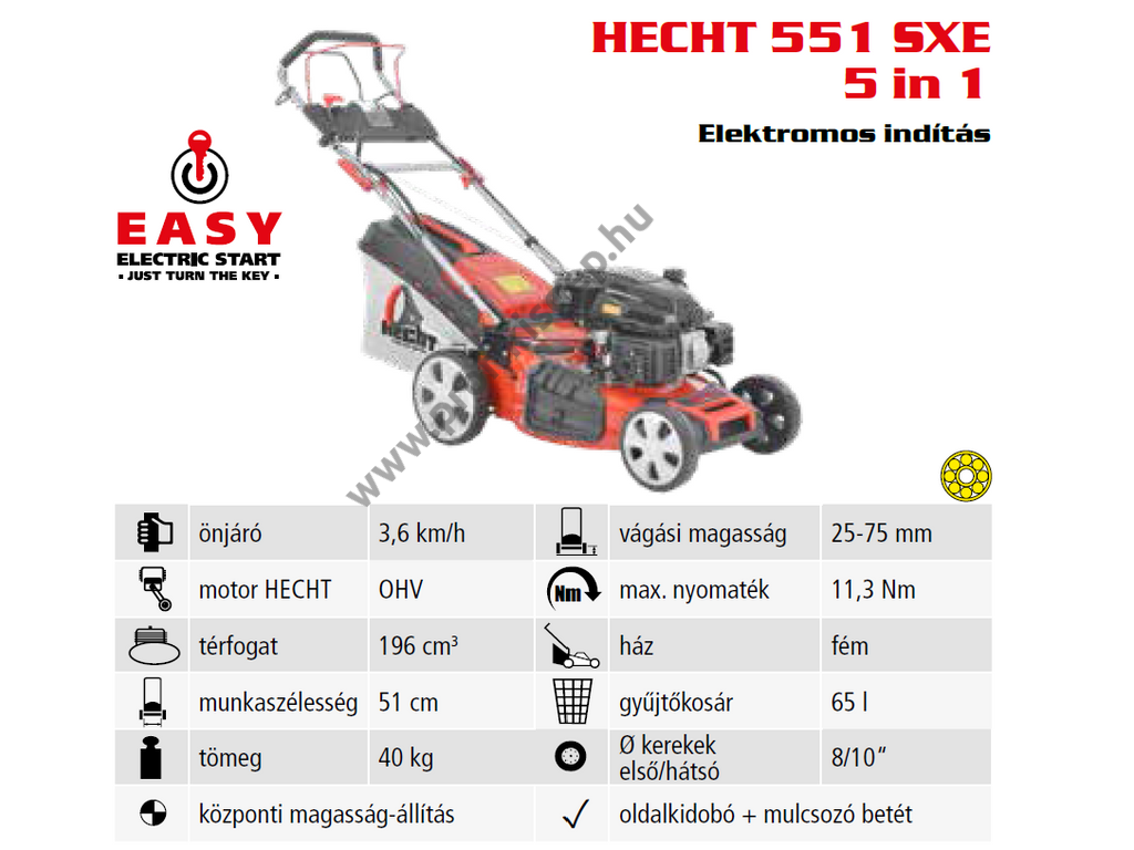 HECHT 551 SXE 5IN1 Benzinmotoros önjáró fűgyűjtős fűnyíró, 51cm, OHV 200cm3, Önindító, oldalkidobó, mulcsbetét, csapágyazott kerék