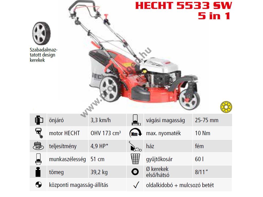 HECHT 5533 SW 5IN1 Benzinmotoros önjáró fűgyűjtős fűnyíró, 51cm, OHV 173cm3, oldalkidobó, mulcsbetét, 3 kerekű, csapágyazott kerék