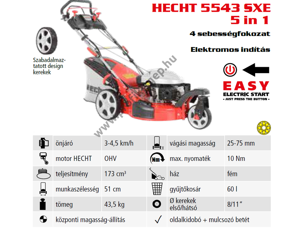 HECHT 5543 SXE 5IN1 Benzinmotoros önjáró fűgyűjtős fűnyíró, 51cm, OHV 173cm3, Önindító, állítható menetsebesség, oldalkidobó, mulcsbetét, csapágyazott kerék