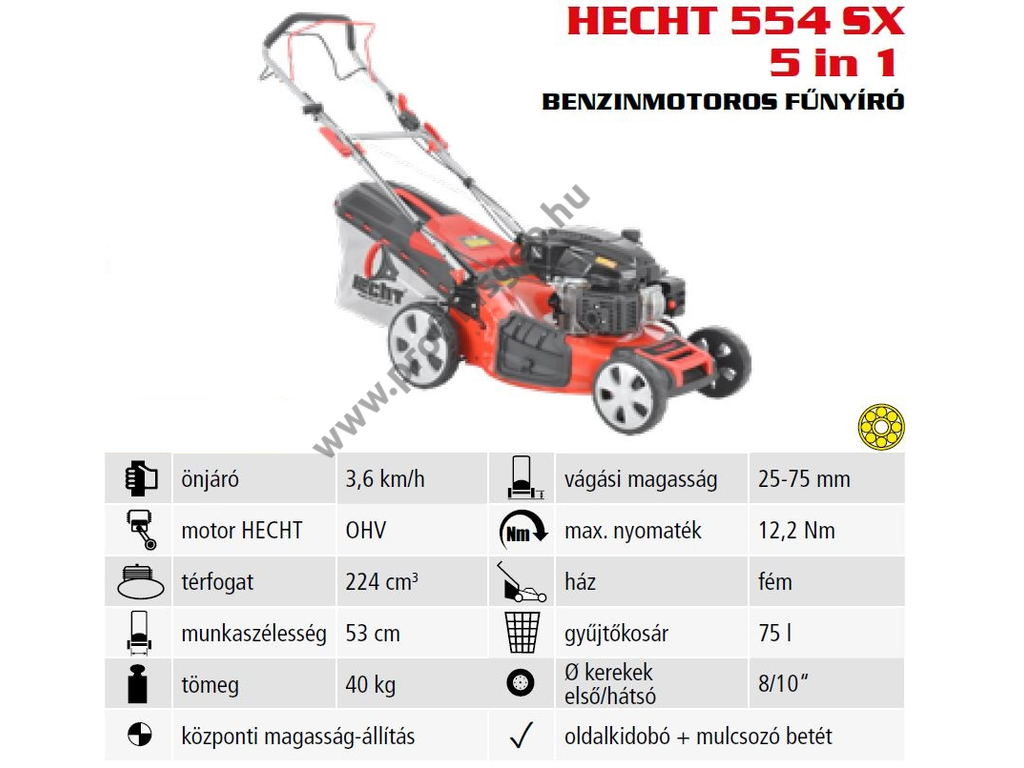HECHT 554SX 5IN1 Benzinmotoros önjáró fűgyűjtős fűnyíró, 53cm, OHV 224cm3, oldalkidobó, mulcsbetét