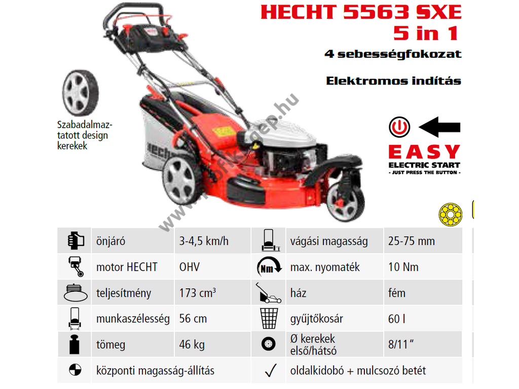 HECHT 5563 SXE 5IN1 Benzinmotoros önjáró fűgyűjtős fűnyíró, 56cm, OHV 173cm3, Önindító, állítható menetsebesség, oldalkidobó, mulcsbetét, csapágyazott kerék