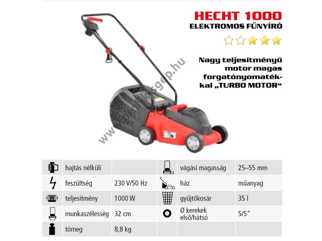 HECHT 1000 Elektromos fűgyűjtős fűnyíró, 32 cm, 1000W, ékszíjas turbó motor