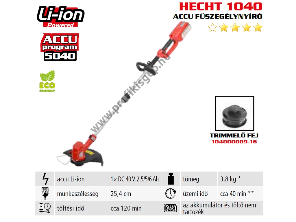 HECHT 1040 akkumulátoros szegélynyíró, fűkasza, 40V, egyenes szár, damilfej, akku és töltő nélkül (AKKU program 5040)
