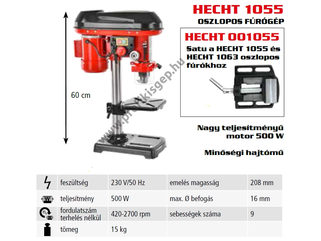 HECHT 1055 elektromos oszlopos fúró, 550W, 16mm fogaskoszorús tokmány, 9 sebesség fokozat