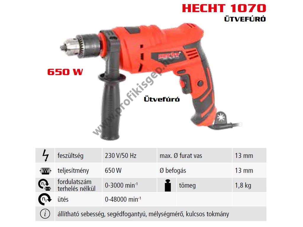 HECHT 1070 elektromos fúró, ütvefúró, 650W, 13mm fogaskoszorús tokmány, állítható sebesség