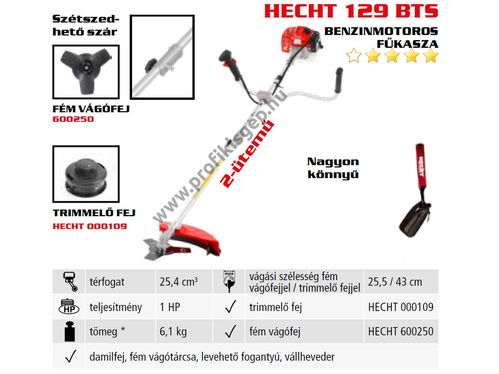 HECHT 129 BTS benzinmotoros bozótvágó, fűkasza 25,4 cm3, 1,0Le, osztott szár, damilfej, vágótárcsa