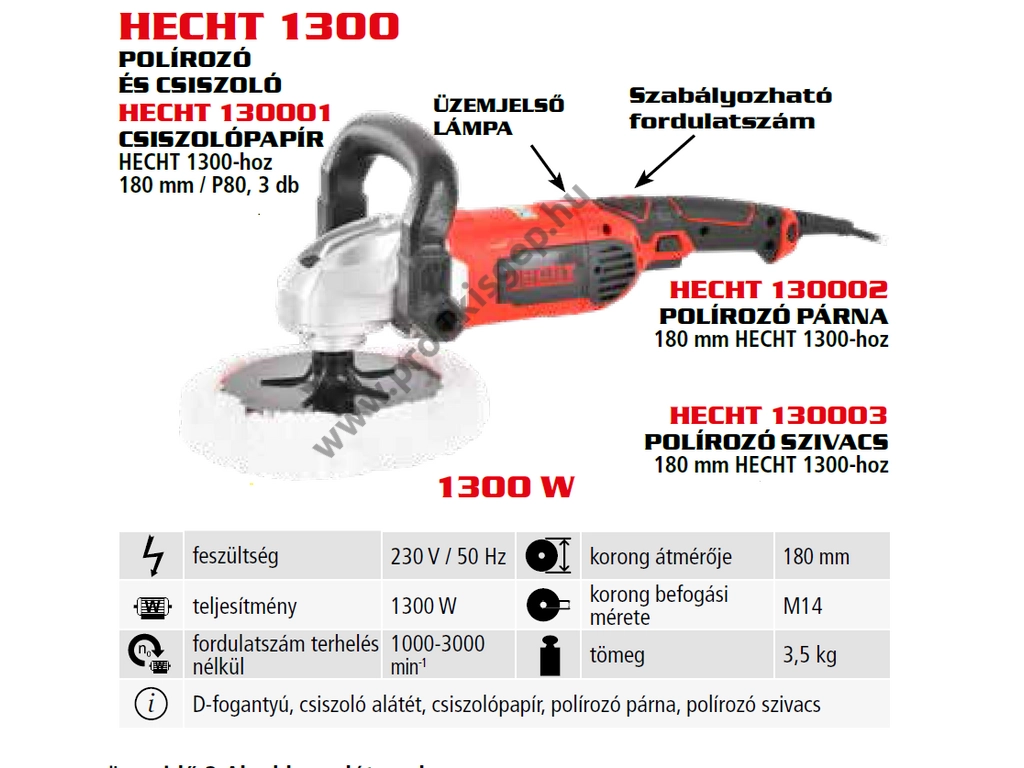 HECHT 1300 elektromos autó polírozó, 1300W, 180mm