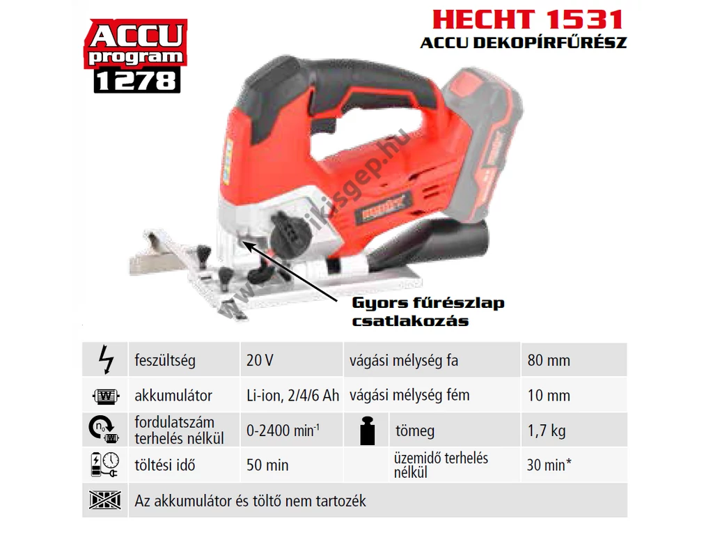 HECHT 1531 akkumulátoros szúrófűrész, dekopírfűrész, 20V, akku és töltő nélkül, (AKKU program 1278)