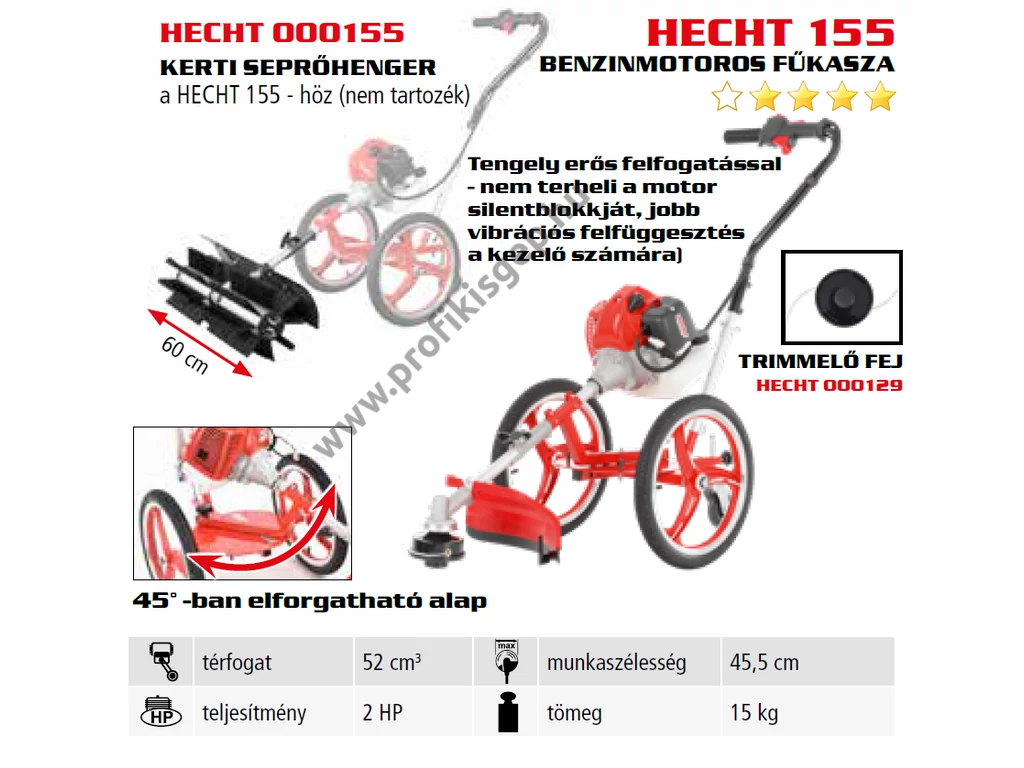 HECHT 155 benzinmotoros KEREKES bozótvágó, fűkasza 52cm3, 2Le, damilfej