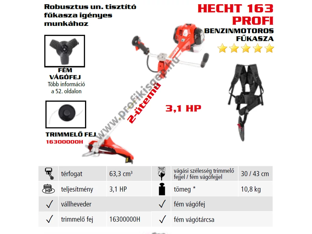 HECHT 163 PROFI benzinmotoros bozótvágó, fűkasza 63.3cm3, 3,1Le, damilfej, vágótárcsa