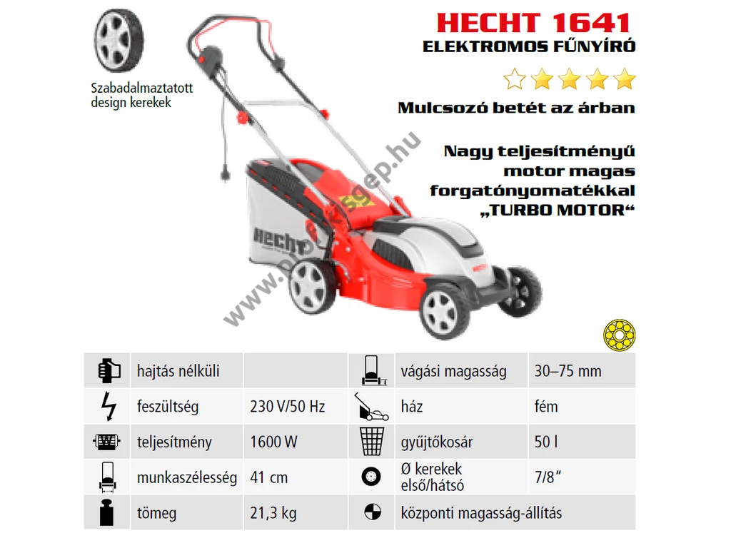 HECHT 1641 Elektromos fűnyíró, 41cm, 1600W, fém ház, ékszíjas turbó motor