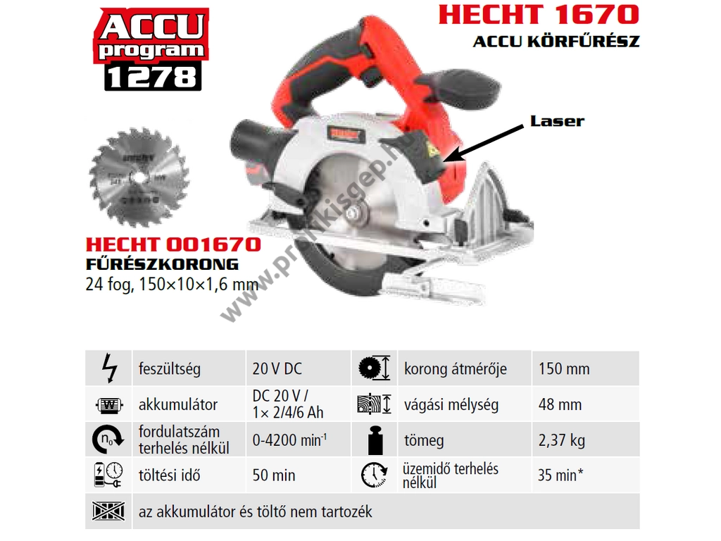 HECHT 1670 akkumulátoros kézi körfűrész, 20V, 150mm tárcsaátmérő, akku és töltő nélkül, (AKKU program 1278)