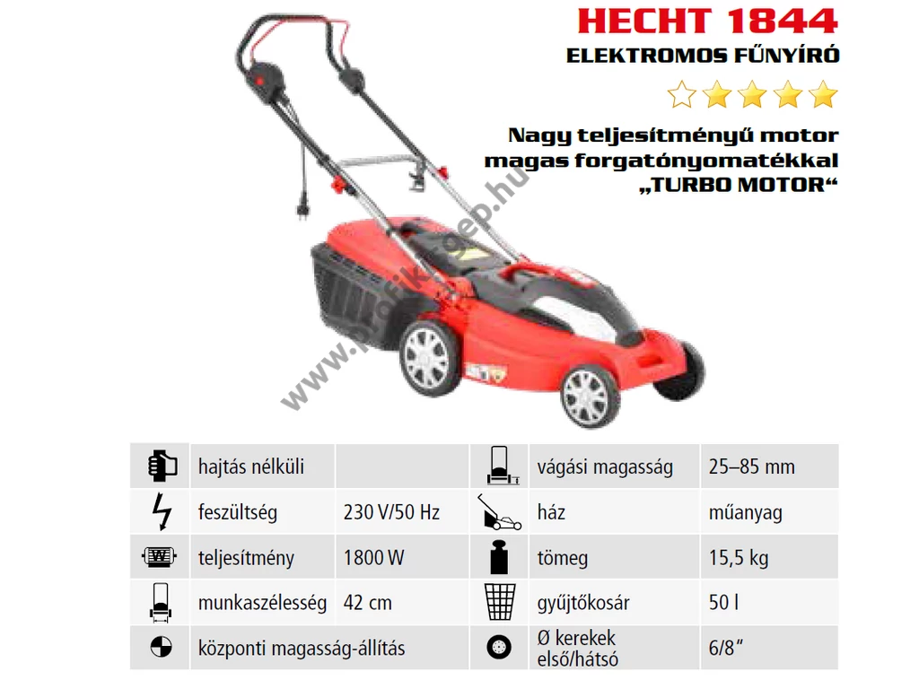 HECHT 1844 Elektromos fűnyíró, 42cm, 1800W, ékszíjas turbó motor