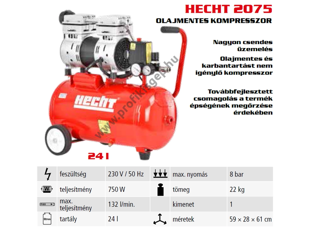 HECHT 2075 olajmentes kompresszor, 132l/perc 8bar, tartály 24L, 230V 750W