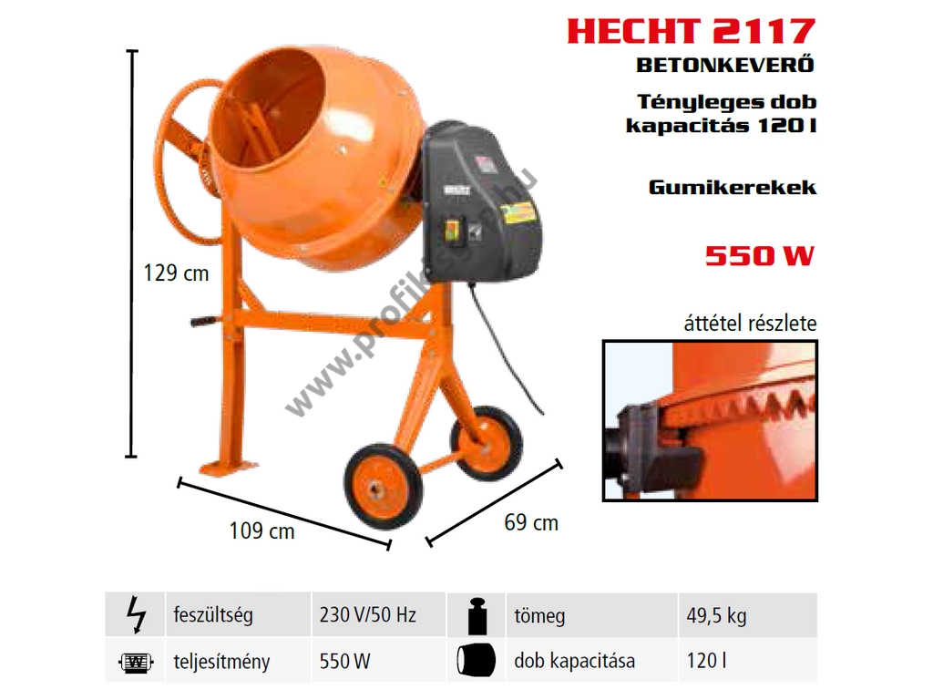 HECHT 2117 betonkeverő 120L 550W