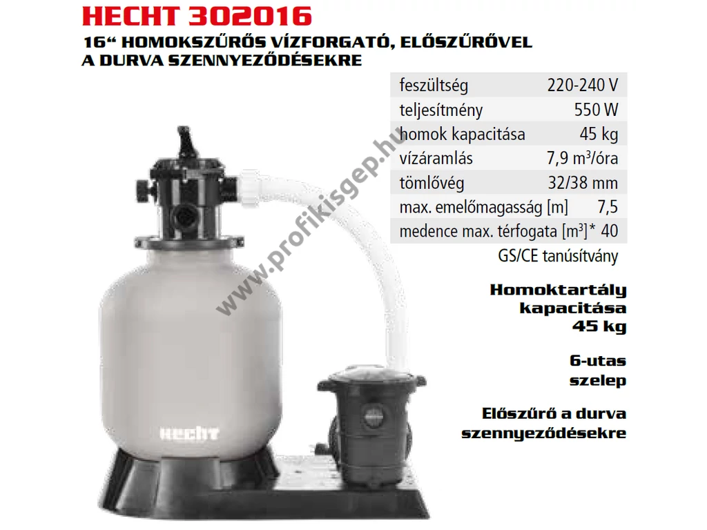 HECHT 302016 homokszűrős vízforgató, 16" előszűrővel, 550W, 7.9 m3/óra