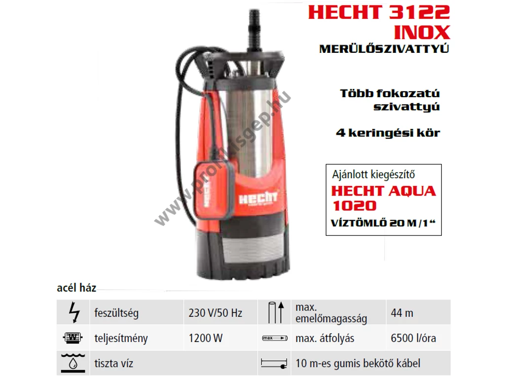 HECHT 3122 INOX elektromos merűlő szivattyú, búvárszivattyú,1200W, 6500l, tisztavíz szivattyú