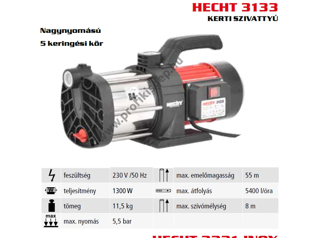 HECHT 3133 elektromos felszíni vízszivattyú, 1300W, 5400l, 5.5bar, 5 lépcsős