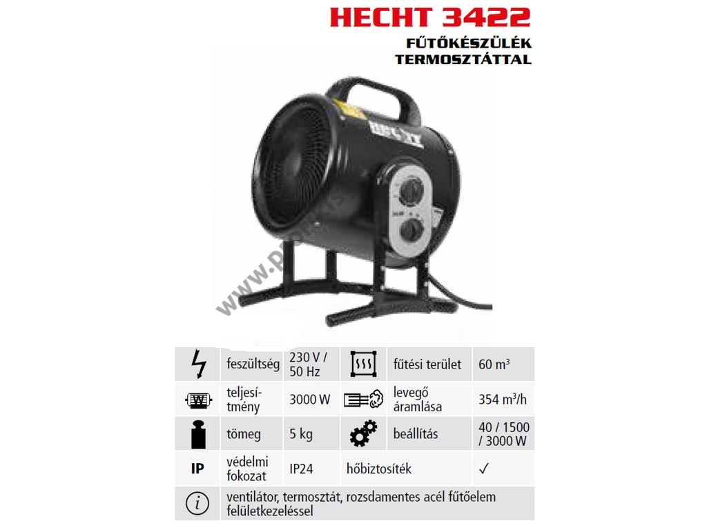 HECHT 3422 hősugárzó ventillátorral, 40/1500/3000W, 60 m3, termosztát