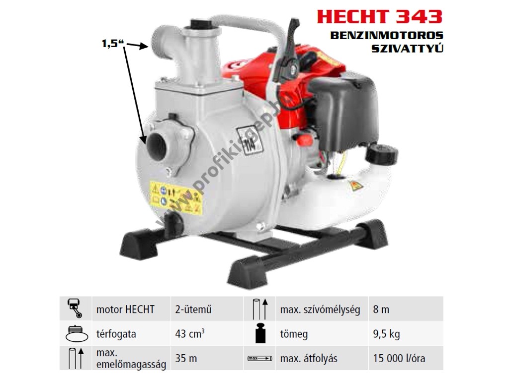 HECHT 343 benzinmotoros vízszivattyú 1.5", 2 ütemű, 43cm3, 3.5bar