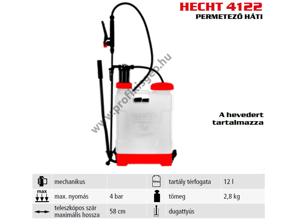 HECHT 4122 kézi háti permetező, 12 liter, 4 bár, vállheveder, pisztoly