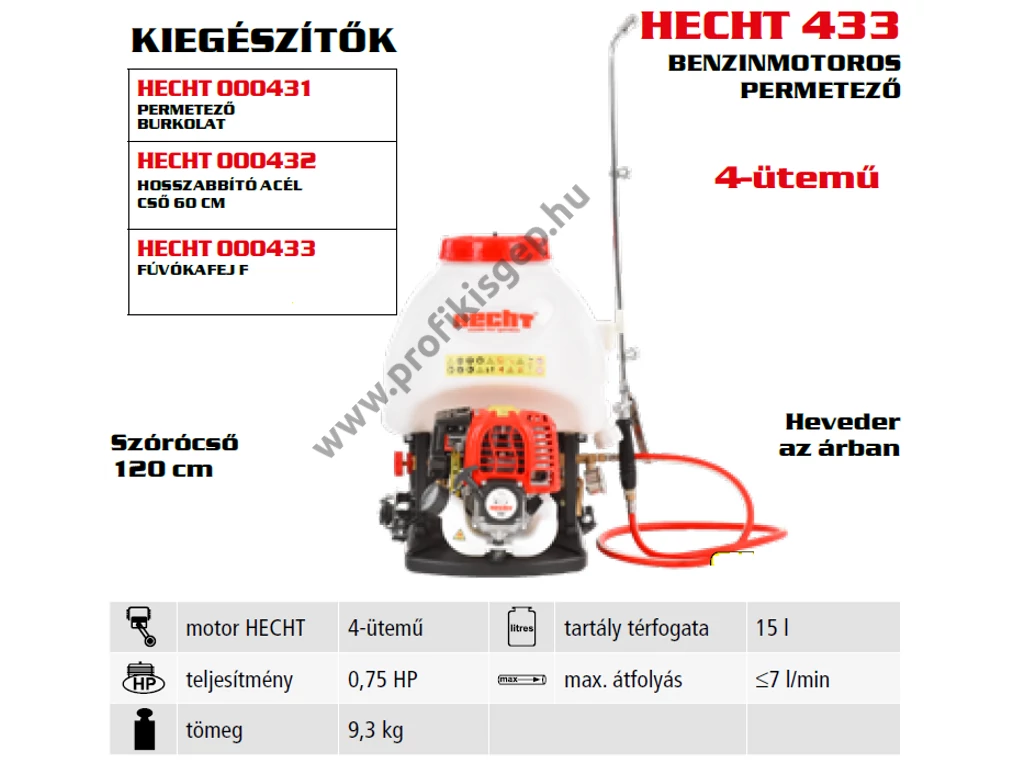HECHT 433 Benzinmotoros permetező, 4 ütemű, 26cm3, 1Le, tartály: 15 liter, dugatyús szivattyúval