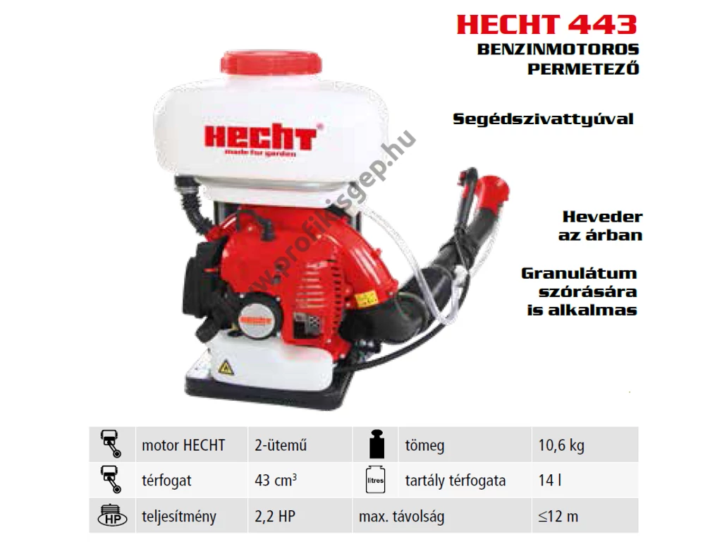 HECHT 443 Benzinmotoros permetező, 2 ütemű, 43cm3, 2.2Le, tartály: 14 liter, segédszivattyúval