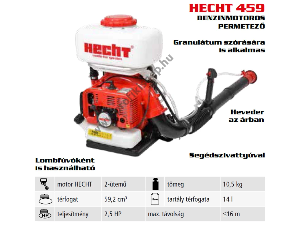 HECHT 459 Benzinmotoros permetező, 2 ütemű, 59,2cm3, 2.5Le, tartály: 14 liter, segédszivattyúval