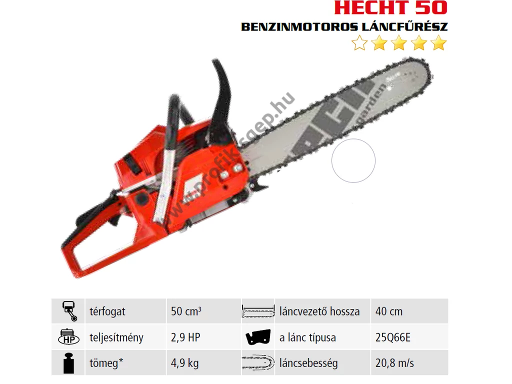 HECHT 50 Benzinmotoros láncfűrész, 50 cm3, 2.9 Le, lánc 325"-1.5-66 szem, vezető 40cm