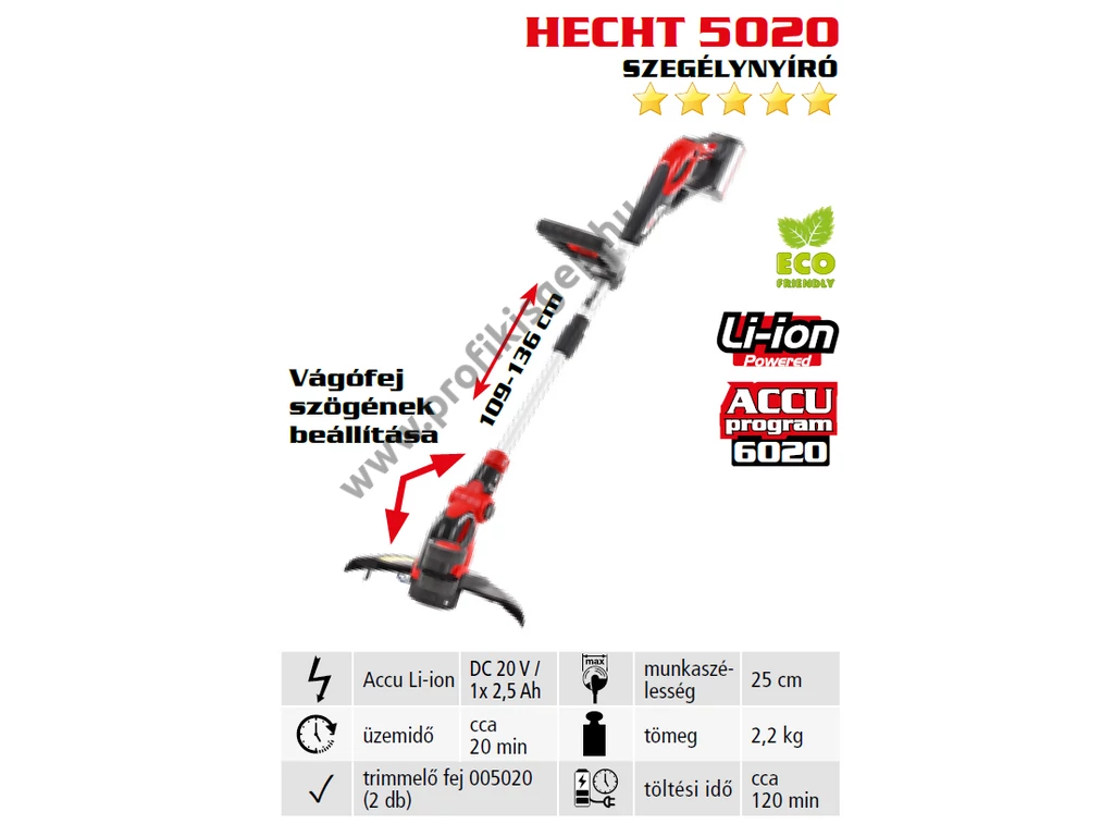 HECHT 5020 akkumulátoros szegélynyíró, fűkasza, 20V, damilfej, teleszkópos szár, akku és töltő nélkül (AKKU program 6020)
