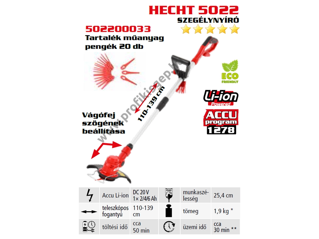 HECHT 5022 akkumulátoros szegélynyíró, fűkasza, 20V, műanyag vágókés, teleszkópos zár, akku és töltő nélkül (AKKU program 1278)