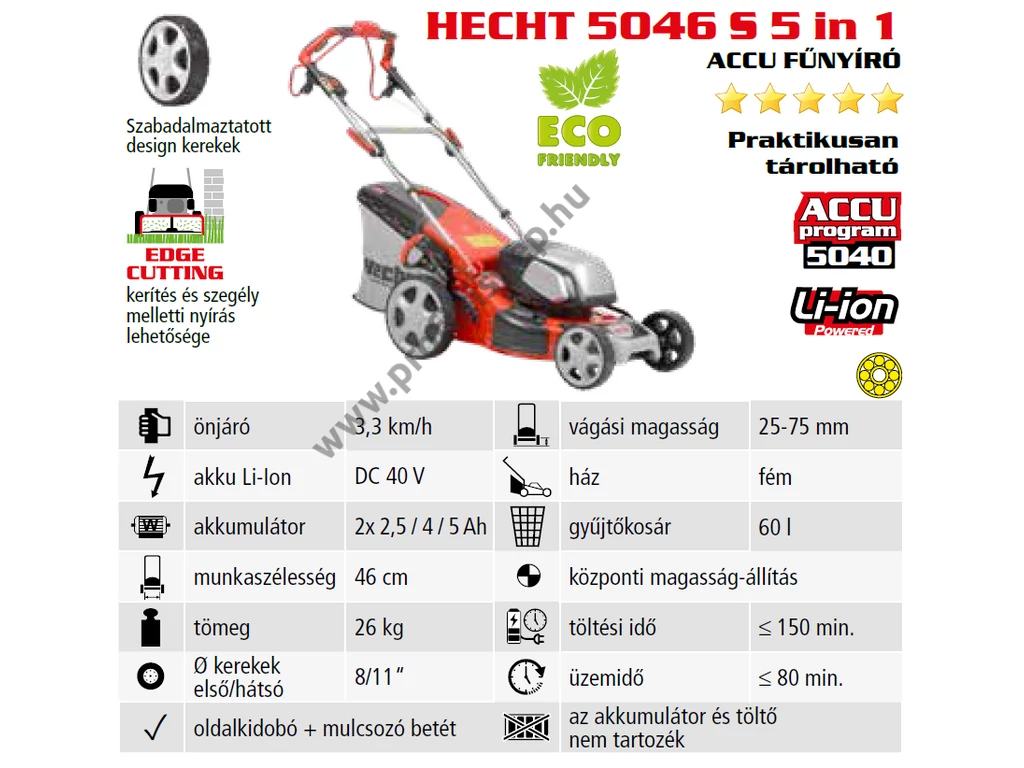 HECHT 5046S 5IN1 Akkumulátoros önjáró fűgyűjtős fűnyíró, 46cm, 40V, oldalkidobó, mulcsbetét, akku és töltő nélkül (AKKU program 5040)
