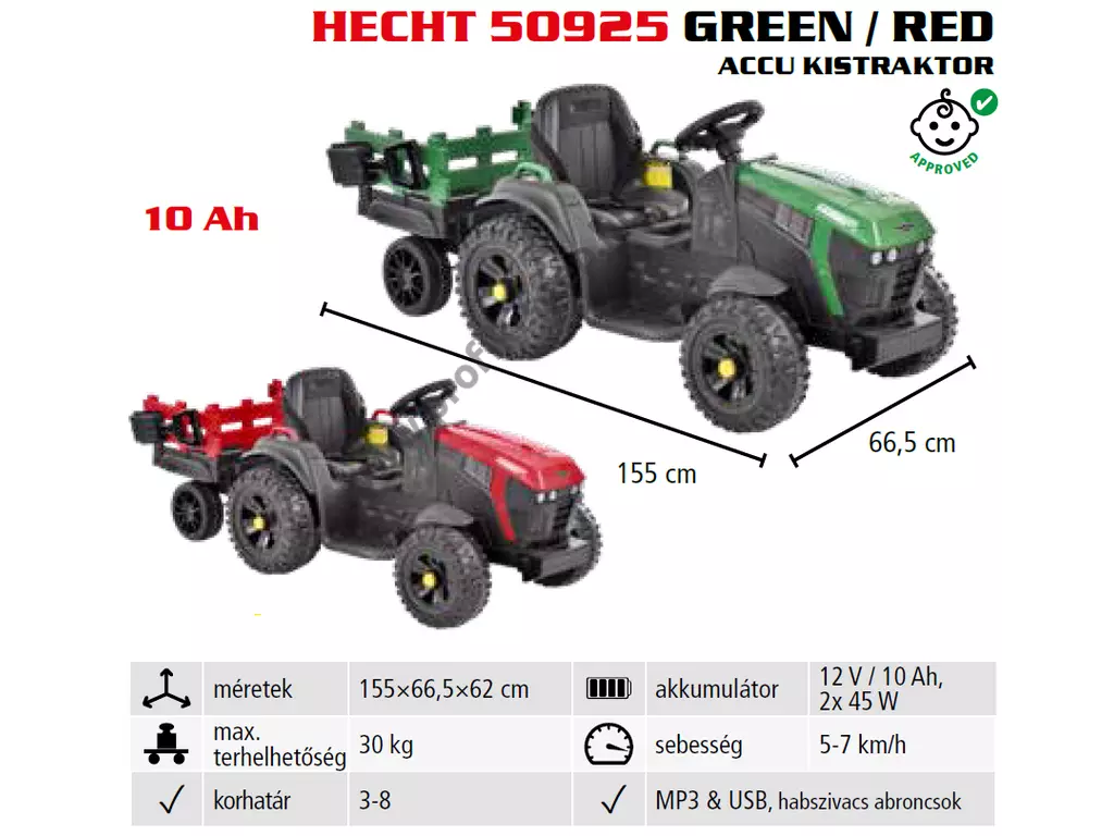 HECHT 50925 GREEN Akkumulátoros kisautó traktor gyerekeknek, 12V, 10Ah, 3-8 éves korig,